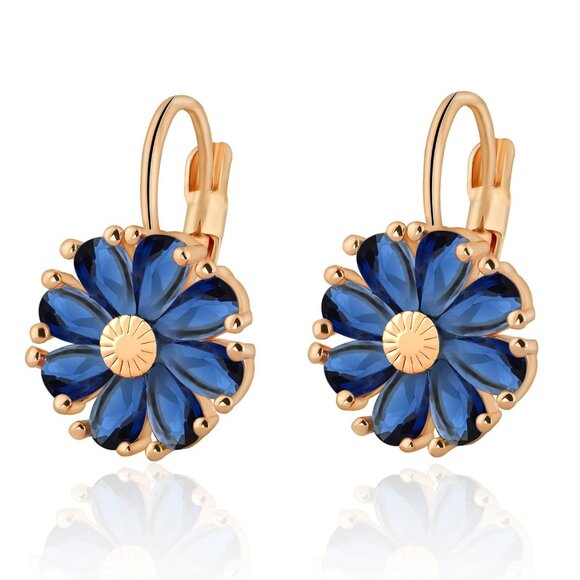 Women's Blue Trendy Beautiful Unique Flower Leverback Vintage Floral Earrings - Picture 1 of 7